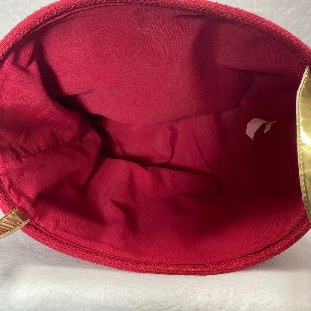 Red Fabric‎ Christmas Basket Gift Bag Tote Gold Handles Noel Holiday Large